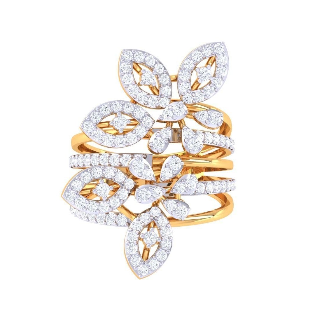 Discover luxury with the Freya Diamond Ladies Ring by Niraa, featuring a floral design of overlapping gold leaves and dazzling diamonds in a symmetrical, elegant pattern.