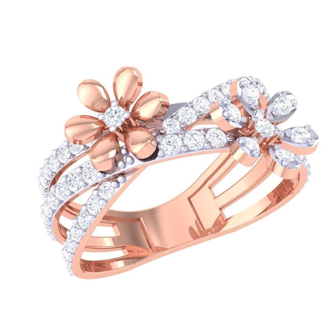 The Allegra Diamond Ladies Ring by Niraa features two gold-petaled flowers with diamond centers on a band of wavy silver strands adorned with small diamonds. This intricate and elegant design is complemented by a diamond certificate, exuding timeless beauty.