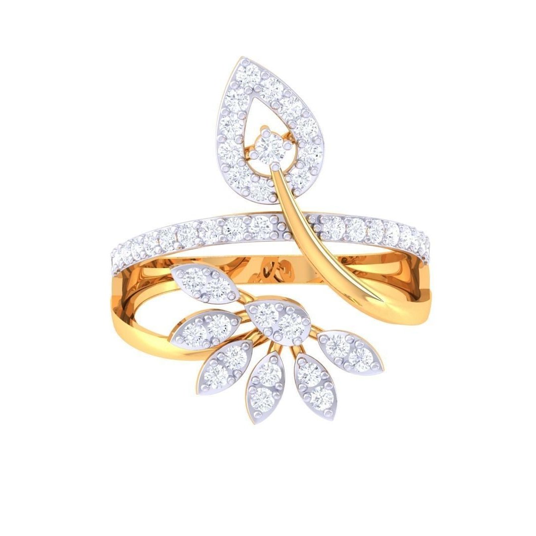 The Ella Diamond Ladies Ring by Niraa features a unique teardrop design with leaf-like elements adorned with sparkling stones, showcasing elegance and sophistication for any occasion.