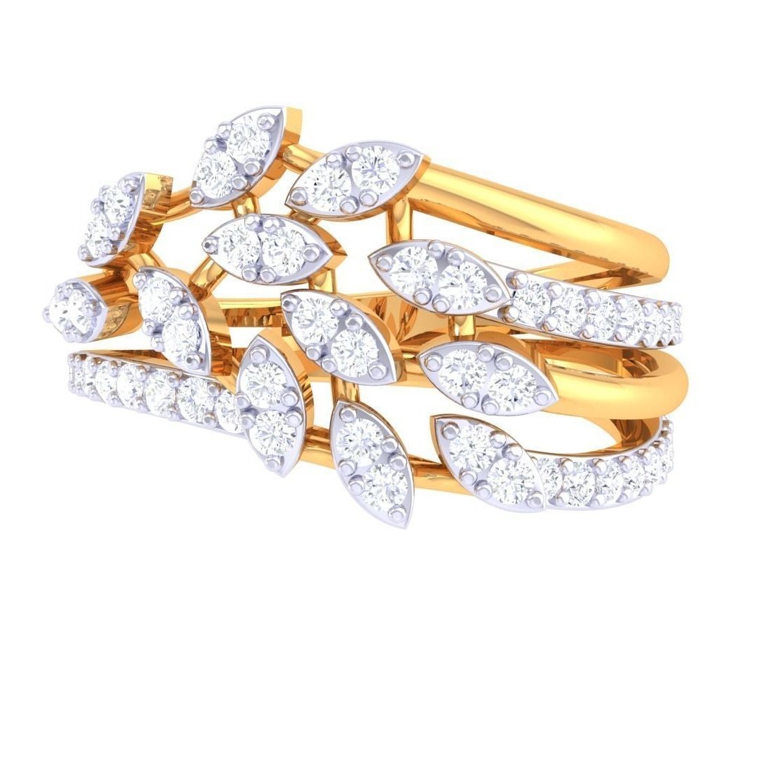 The Alyssa Diamond Ladies Ring by Niraa is a luxury accessory featuring an intricate design with multiple leaf-shaped clusters adorned in sparkling diamonds, while its layered band adds a complex, elegant touch.