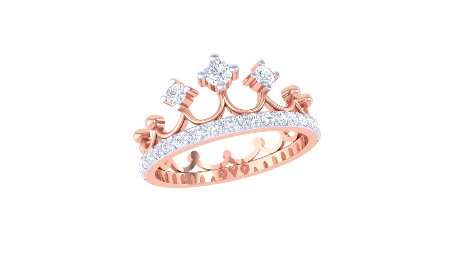 The Nora Diamond Ladies Ring by Niraa is a luxury accessory with a crown design. This exquisite piece combines gold and diamonds, featuring three prominent round-cut diamonds atop a band encrusted with smaller stones, creating an elegant layered look.
