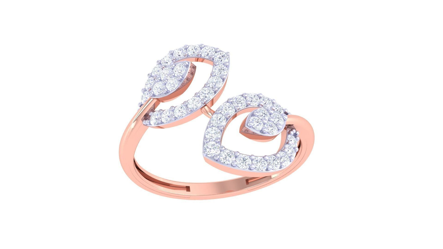The Niraa Eva Diamond Ladies Ring showcases a gold double-loop design encrusted with small diamonds for an elegant, sparkling look, featuring intertwined loops set against a white background.