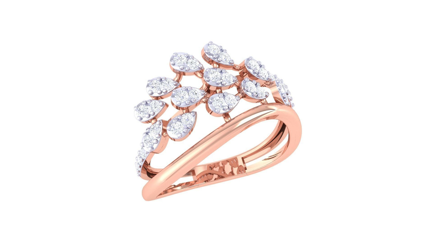 The Alexandra Diamond Ladies Ring by Niraa is a gold piece adorned with multiple teardrop-shaped, diamond-encrusted embellishments in a floral pattern.