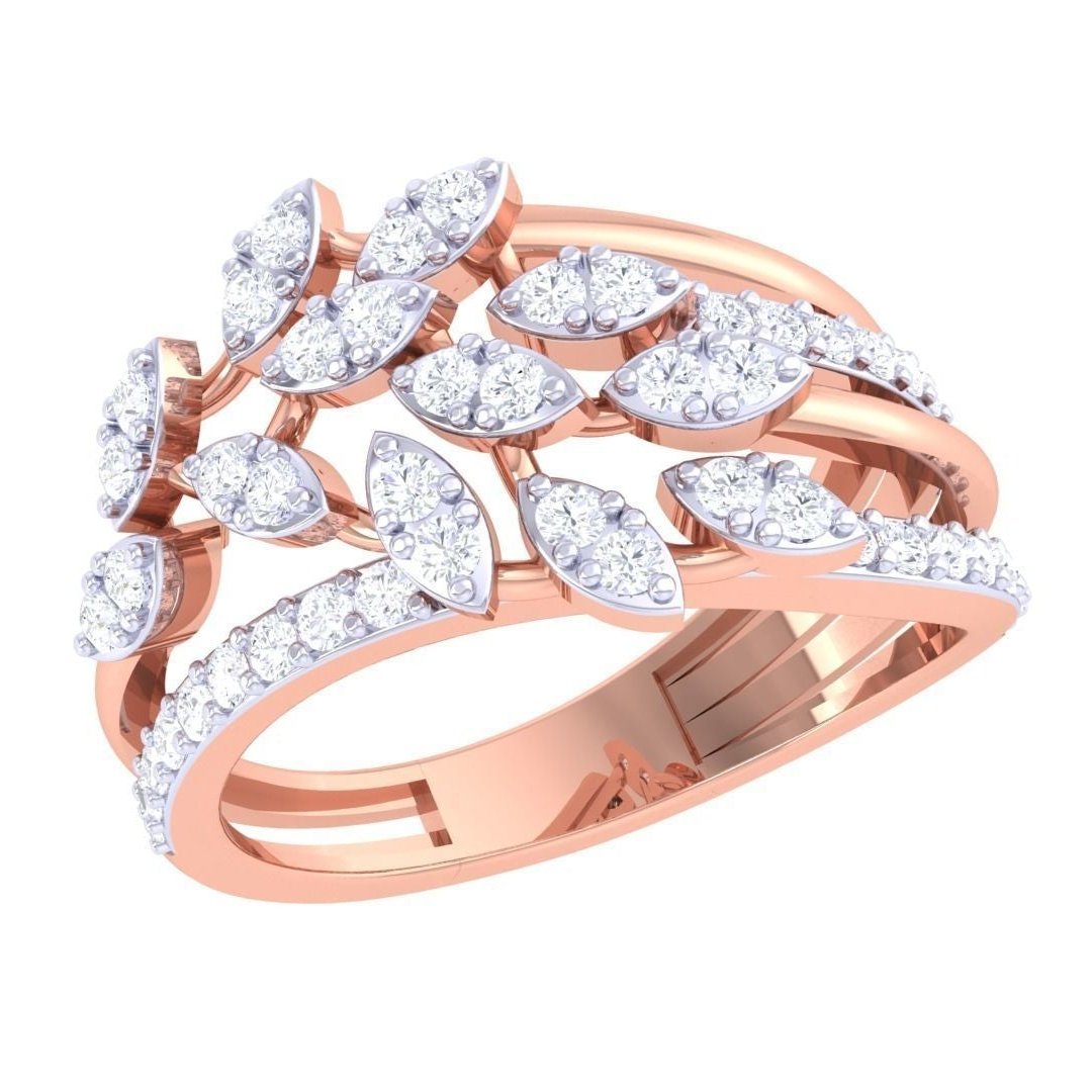 The Alyssa Diamond Ladies Ring by Niraa is a luxury accessory featuring an intricate design with multiple leaf-shaped clusters adorned in sparkling diamonds, while its layered band adds a complex, elegant touch.