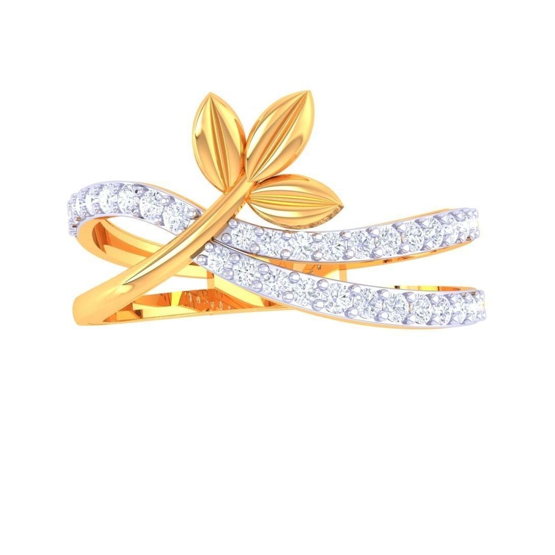 The Niraa Annabelle Diamond Ladies Ring is a luxurious gold accessory featuring an elegant leaf design with intertwined bands of small, sparkling white stones, creating a flowing and refined appearance.