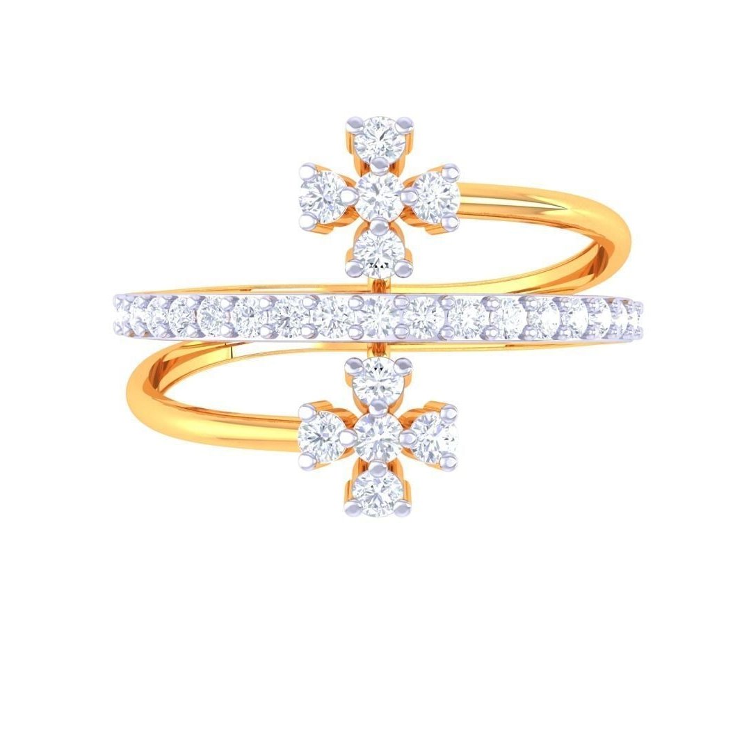 The Malaha Diamond Ladies Ring by Niraa features a luxurious wrap-around design with floral clusters of small diamonds. Its band is elegantly encrusted with a row of sparkling diamonds.