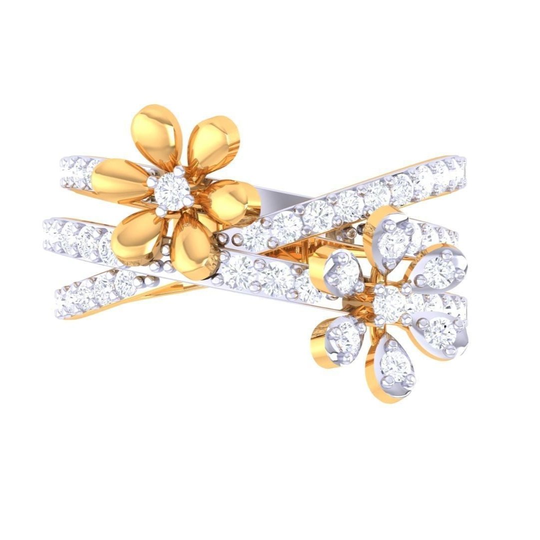 The Allegra Diamond Ladies Ring by Niraa features two gold-petaled flowers with diamond centers on a band of wavy silver strands adorned with small diamonds. This intricate and elegant design is complemented by a diamond certificate, exuding timeless beauty.