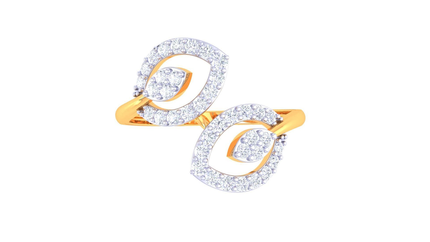 The Niraa Eva Diamond Ladies Ring showcases a gold double-loop design encrusted with small diamonds for an elegant, sparkling look, featuring intertwined loops set against a white background.