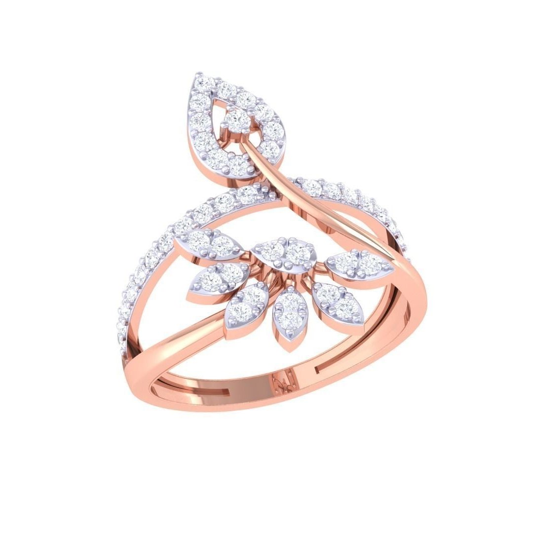 The Ella Diamond Ladies Ring by Niraa features a unique teardrop design with leaf-like elements adorned with sparkling stones, showcasing elegance and sophistication for any occasion.