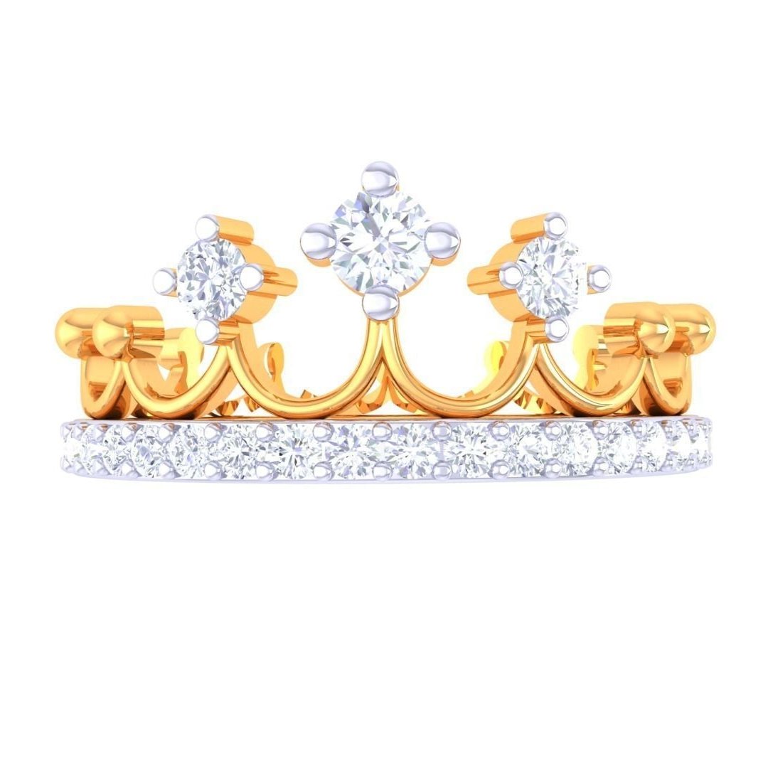The Nora Diamond Ladies Ring by Niraa is a luxury accessory with a crown design. This exquisite piece combines gold and diamonds, featuring three prominent round-cut diamonds atop a band encrusted with smaller stones, creating an elegant layered look.