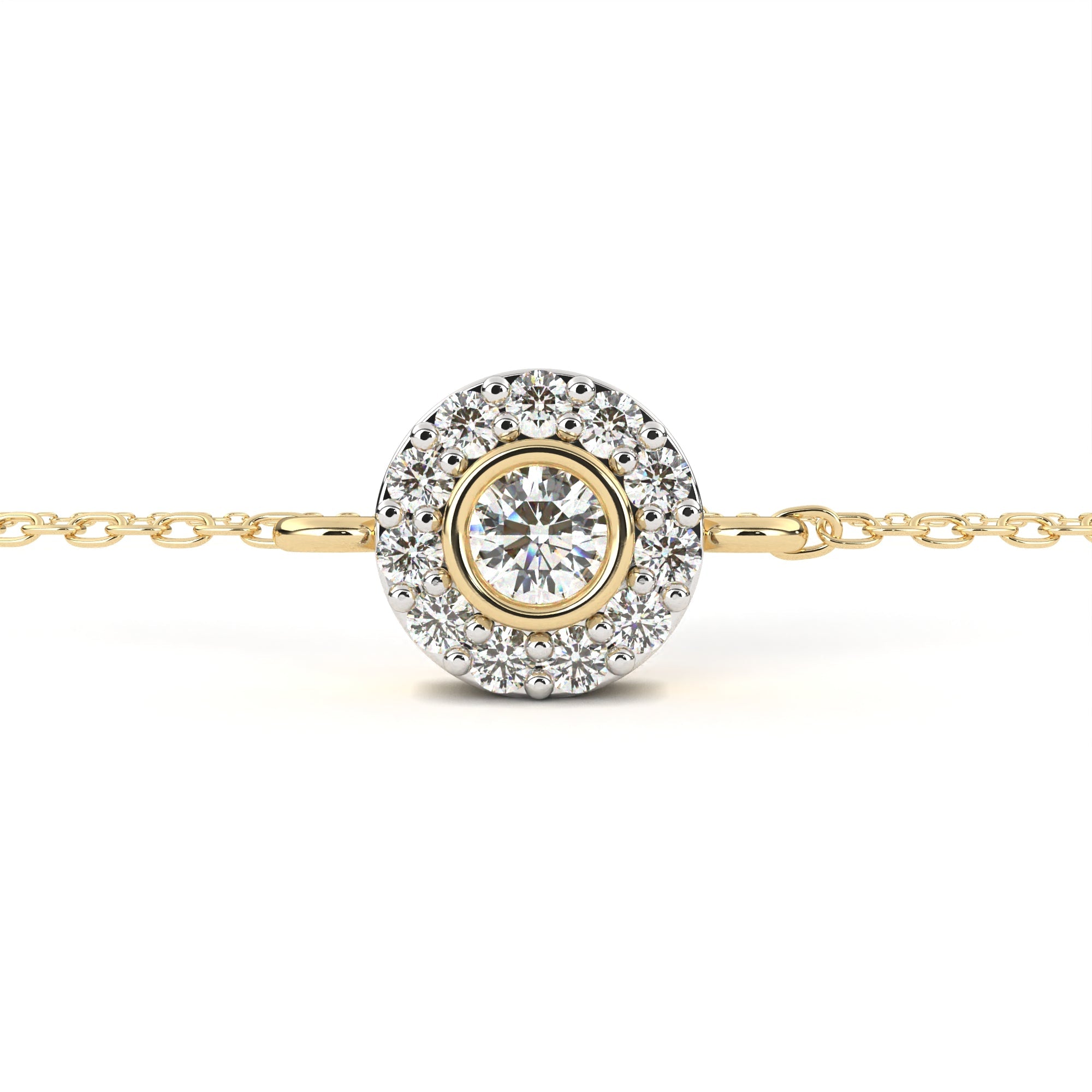 A gold chain bracelet featuring a round centerpiece with a central diamond surrounded by a halo of smaller diamonds, set in gold and white metal.