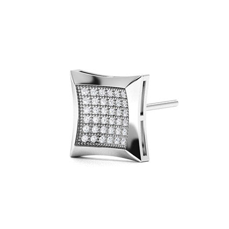A square-shaped silver stud earring with slightly curved edges, featuring rows of small, sparkling diamonds arranged in a grid pattern on the front.