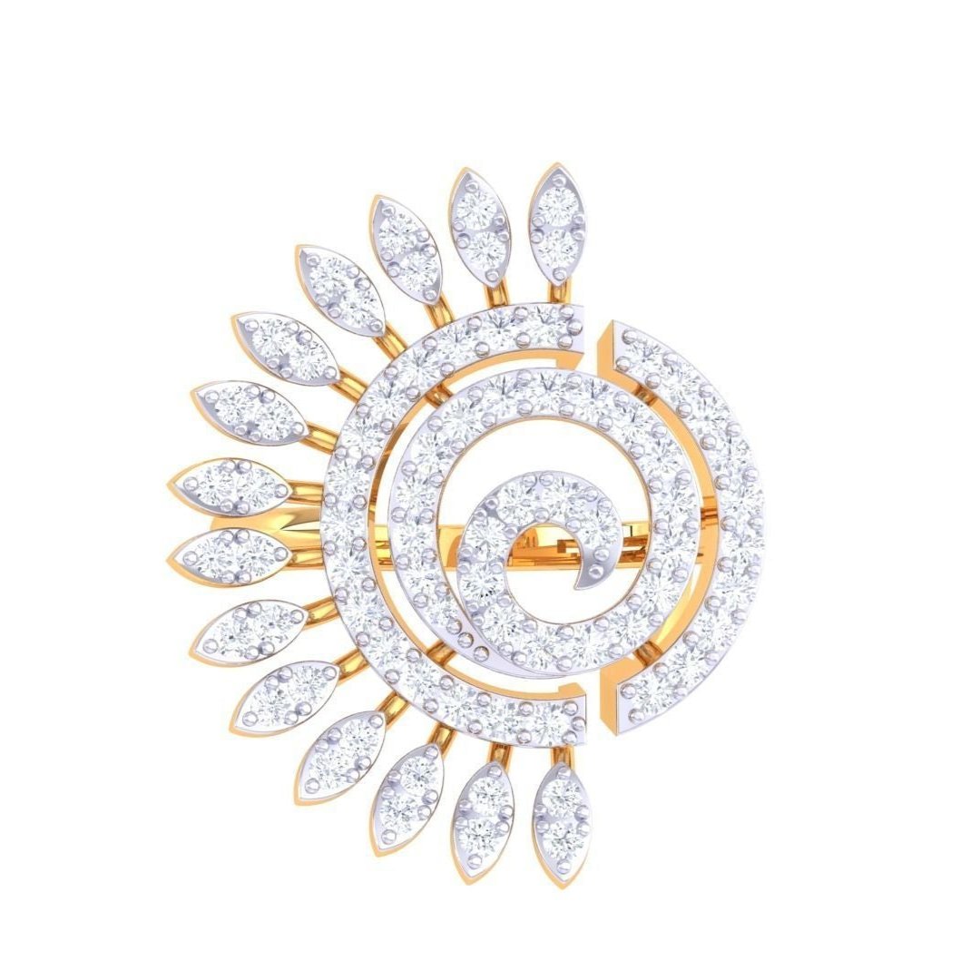 This luxury accessory from Niraa is a gold brooch in a spiral design, adorned with small round diamonds. Marquise-shaped diamond-studded extensions radiate from one side, resembling the sunburst elegance of the Ezra Diamond Ladies Ring.