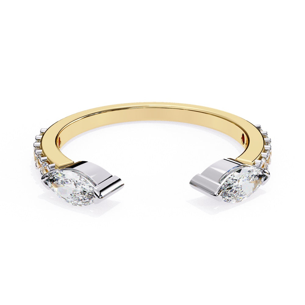 The Niraa Marquise Diamond Open Band is a luxury accessory with gold and silver featuring large marquise-cut diamonds at each end. Smaller rectangular diamonds sparkle on the sides, set against a plain white background.