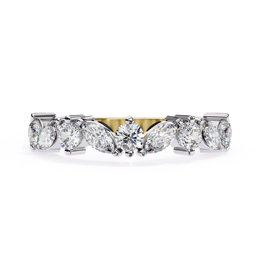 The Symphony Diamond Band by Niraa is a luxurious gold and silver ring with a central round diamond, flanked by marquise-cut diamonds for an elegant, symmetrical design.