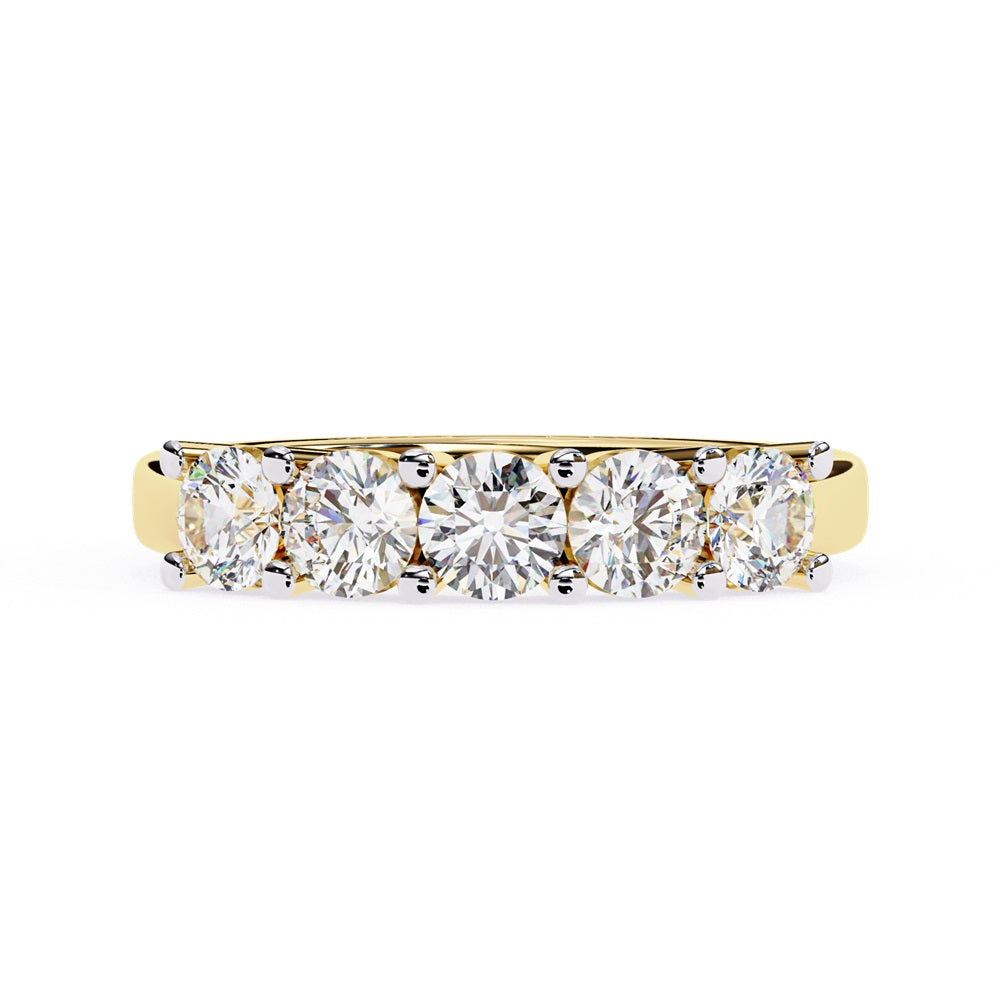 Niraas Five Stone Diamond Band is a stunning gold ring with five round brilliant-cut diamonds in an elegant prong setting. Each stone comes with a diamond certificate, highlighting their clarity and sparkle against the sleek gold band.