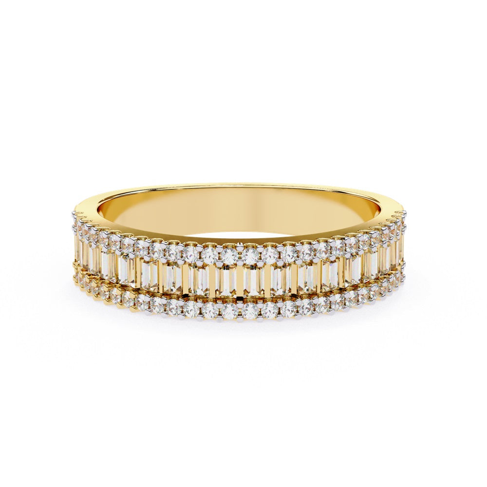 The Nexus Diamond Band by Niraa is a luxury accessory featuring three rows of dazzling diamonds: vertical baguette-cut diamonds in the center row flanked by shimmering round-cut diamonds, all polished to perfection.