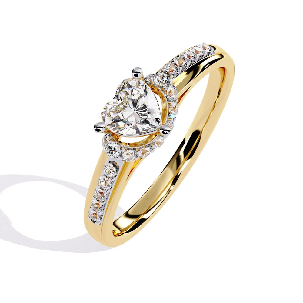 A gold solitaire engagement ring featuring a heart-shaped diamond surrounded by a delicate halo of smaller stones.
