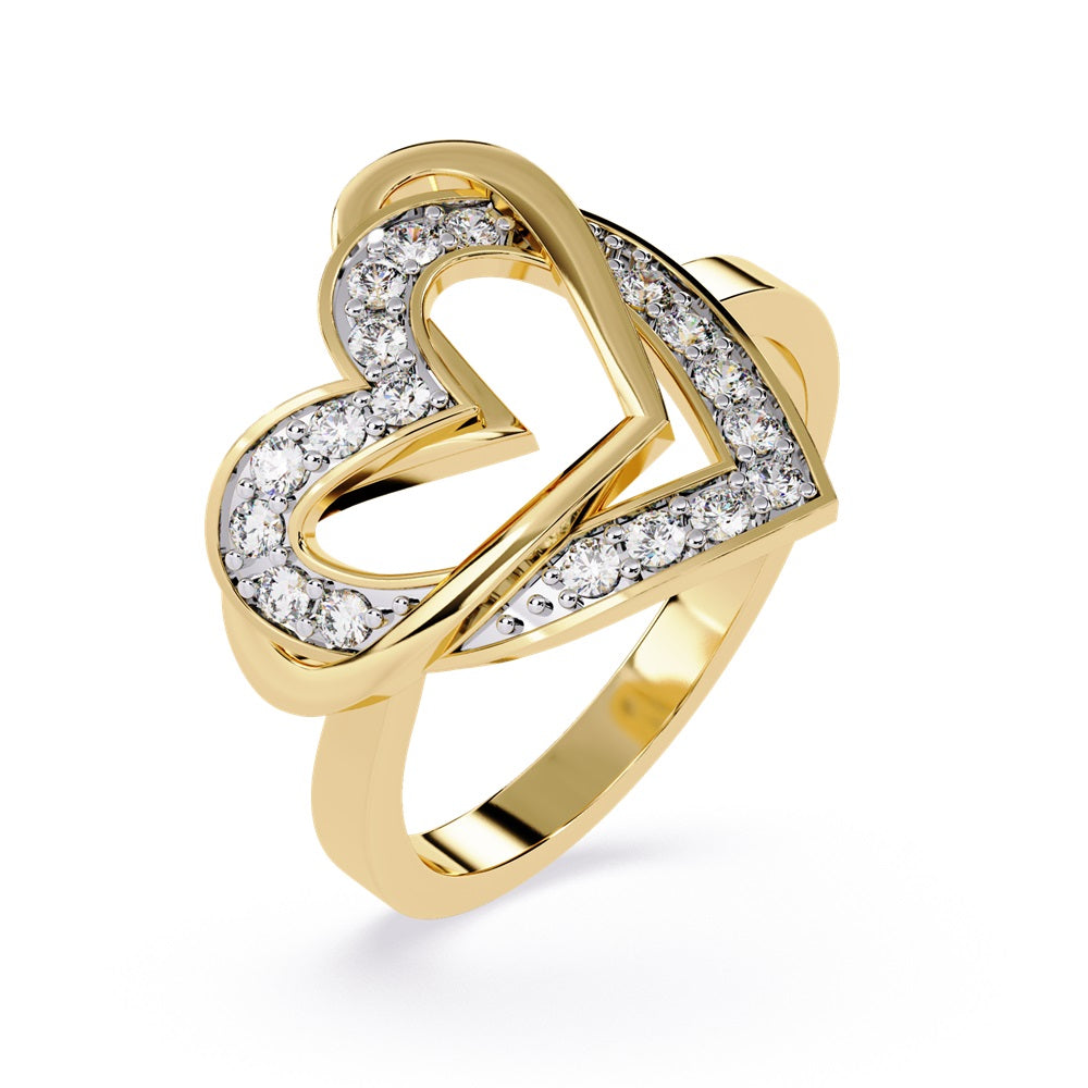 A gold and diamond heart ring featuring two nested hearts, symbolizing love and unity.