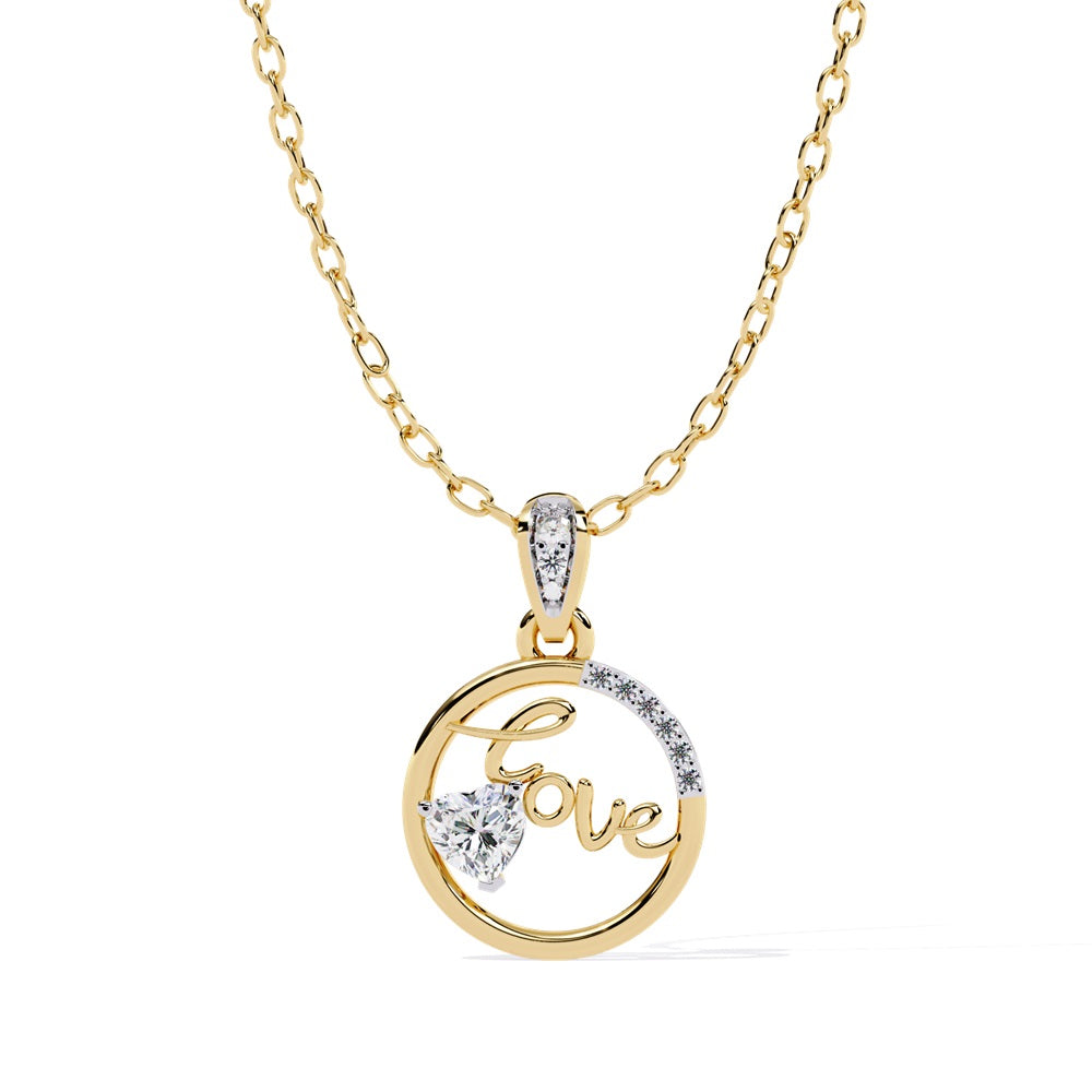 Stunning round pendant in gold, showcasing a radiant heart-shape solitaire that spells out love.