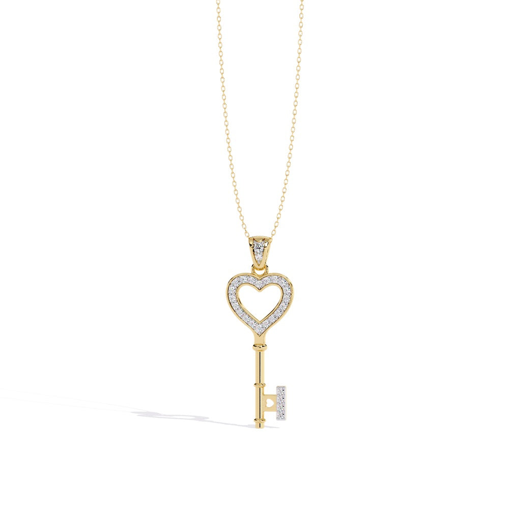 The Love Key Diamond Pendant by Niraa is a gold necklace featuring a heart-shaped bow outlined with small diamonds in its key pendant.