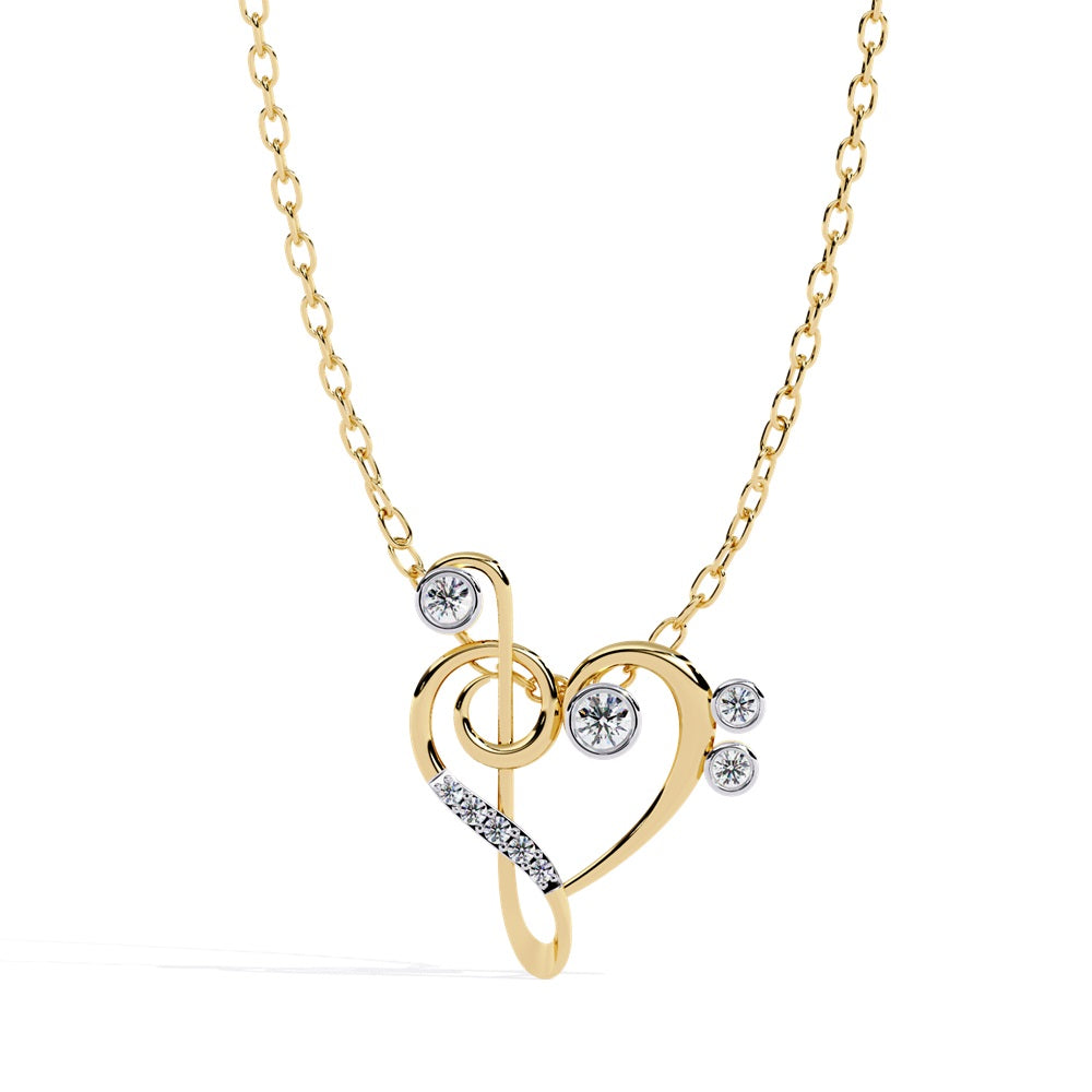 The Symphony Diamond Pendant by Niraa is a gold necklace featuring a heart-shaped pendant intertwined with treble clef motifs and sparkling stones, all on elegant gold links—perfectly blending musical charm and timeless elegance.