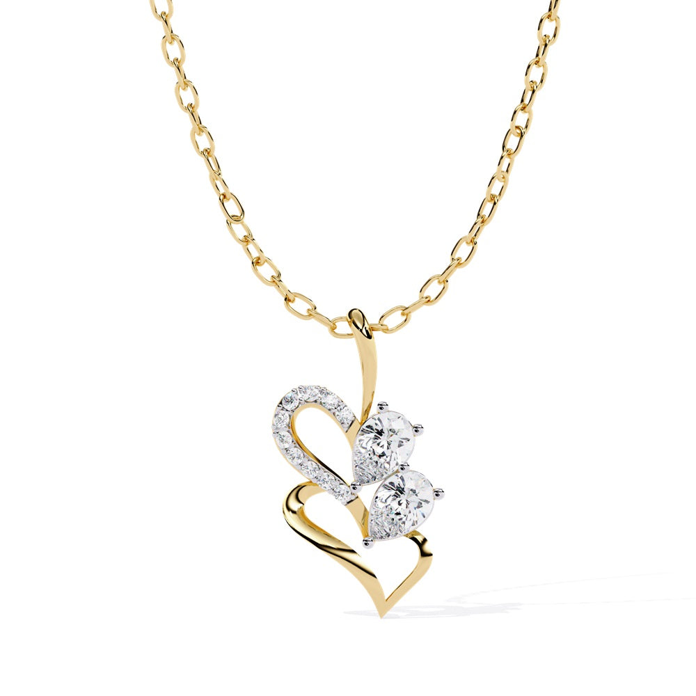 The Sparkle Pear Shape Diamond Solitaire Pendant by Niraa features intertwined hearts, one with tiny diamonds and the other in sleek gold. Two larger round diamonds enhance its elegance, making it perfect for adding a romantic touch to any ensemble.