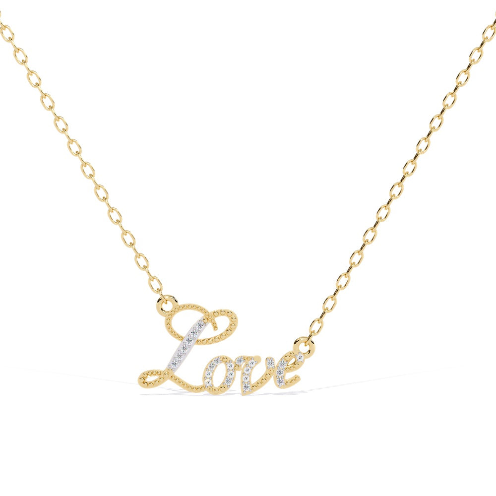 Elegant gold pendant lettering of the word "love," adorned with sparkling diamonds, radiating luxury and romance.
