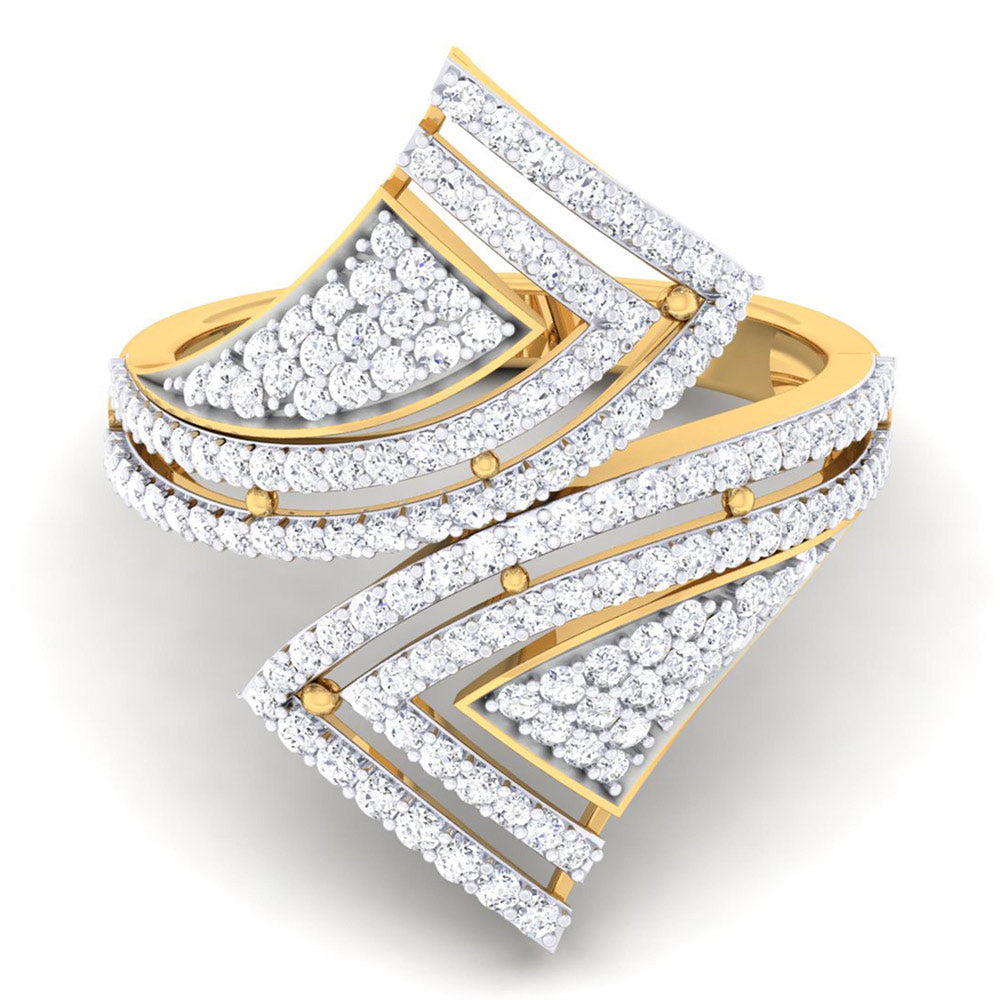 The Niraa Aster Diamond Ladies Ring features a sophisticated angular design with small diamonds arranged in triangular patterns, creating a luxurious and modern appearance.