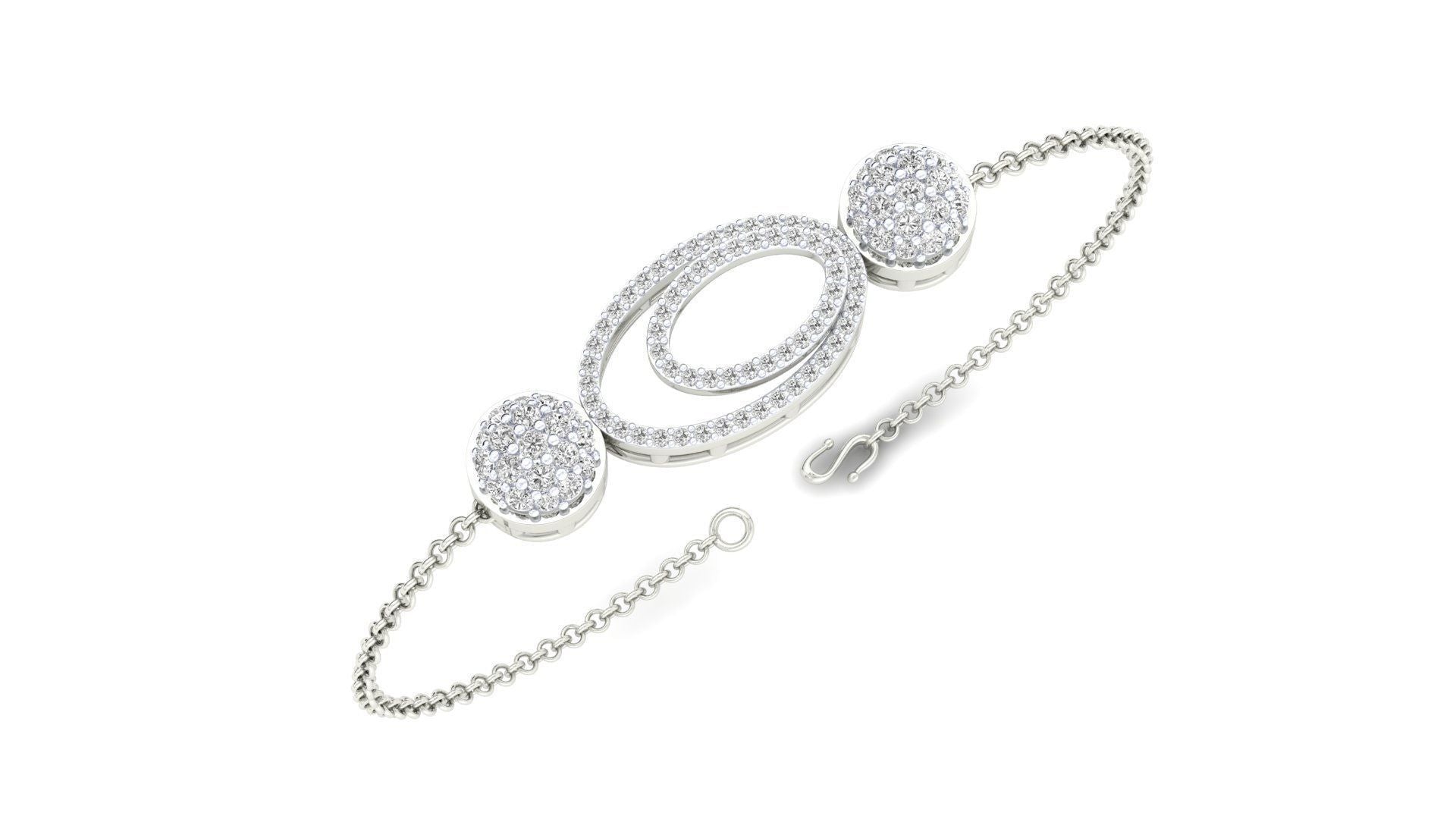 The Marisol Diamond Bracelet by Niraa features an intricate design with two circular clusters of small stones and an oval loop at its center. Its slender silver chain, secured by a lobster clasp, subtly glimmers against a plain white backdrop, perfect for elevating any elegant look.