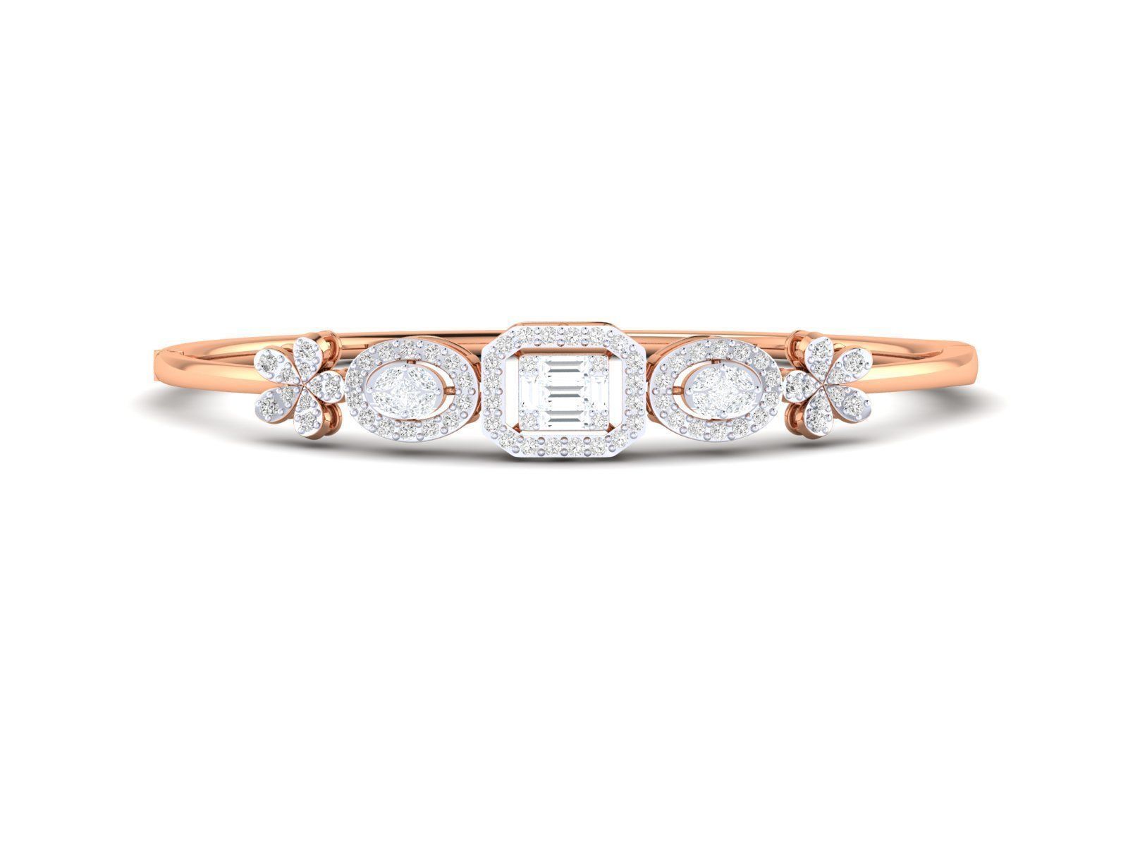 The Lillianna Diamond Bracelet by Niraa showcases a central square-cut diamond flanked by two circular diamonds, each accented with round diamonds. The polished rose gold band features smaller diamond clusters on each side, epitomizing sophistication in a stunning, timeless piece.