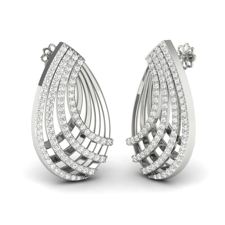 The Peyton Diamond Earrings by Niraa are teardrop-shaped with multiple layers, adorned with sparkling white stones. Made from shiny gold metal, they feature intricate overlapping arches for a luxurious and elegant design.