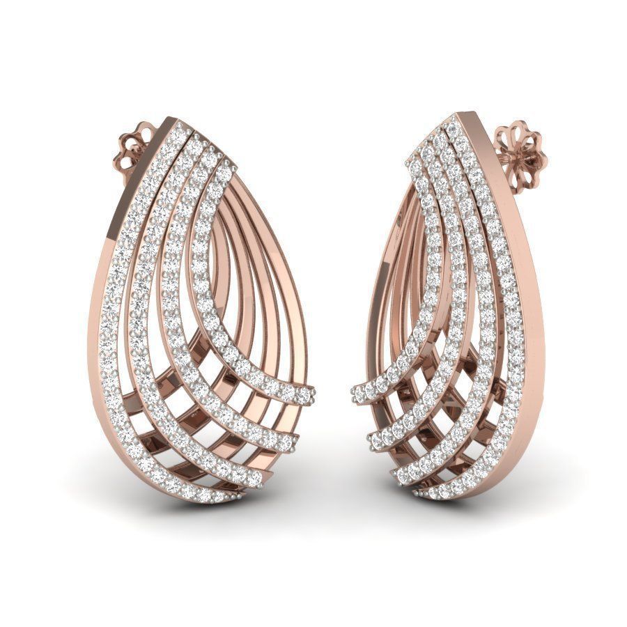 The Peyton Diamond Earrings by Niraa are teardrop-shaped with multiple layers, adorned with sparkling white stones. Made from shiny gold metal, they feature intricate overlapping arches for a luxurious and elegant design.