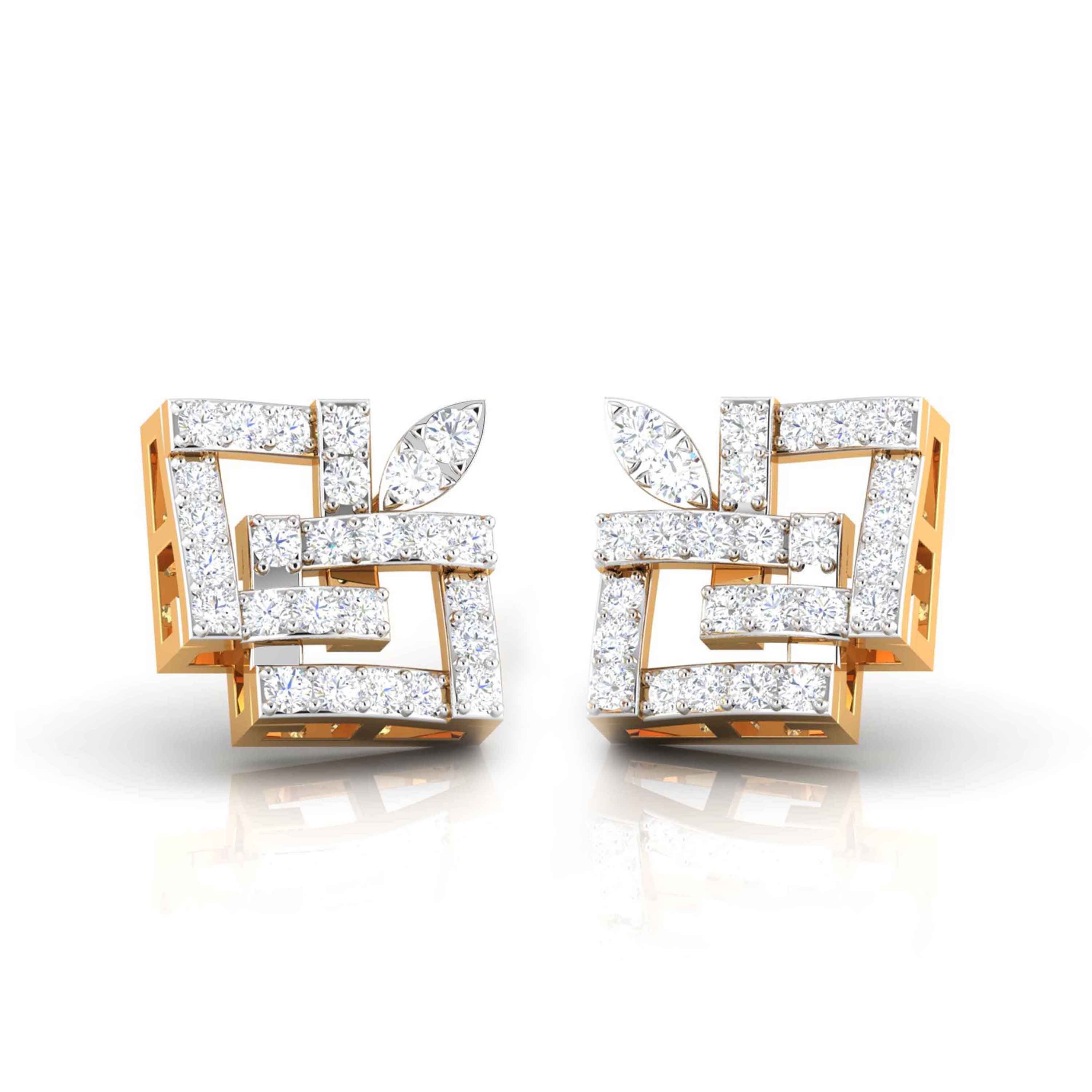Close-up of the Niraa Candida Diamond Earrings. These gold earrings feature an intricate geometric pattern with squares and overlapping lines, adorned with sparkling diamonds for a shiny, luxurious appearance.