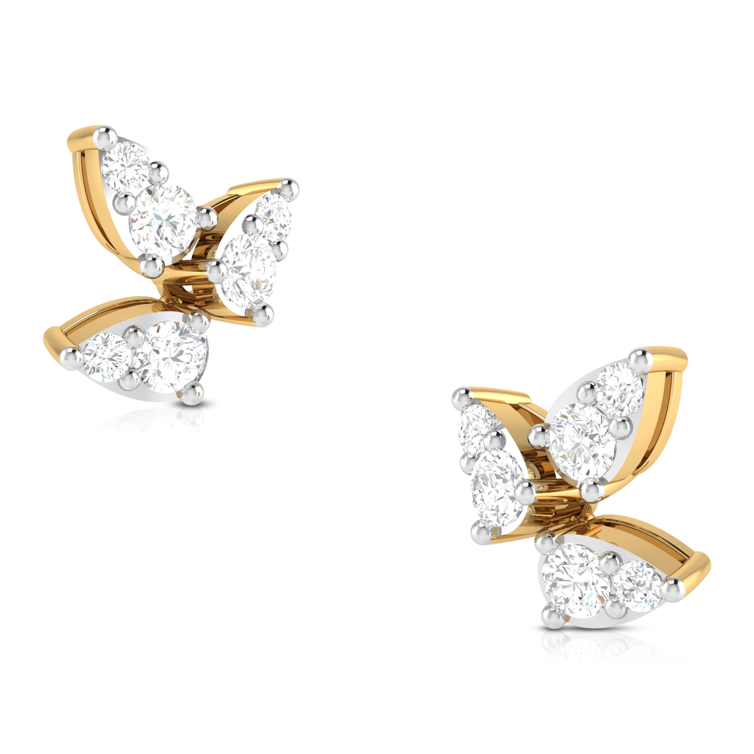 Niraas Carina Diamond Earrings feature an elegant gold butterfly shape adorned with multiple round diamond-like stones on each wing. The lustrous design beautifully captures light, making these exquisite earrings a perfect addition to any collection. Displayed gracefully against a plain white background.