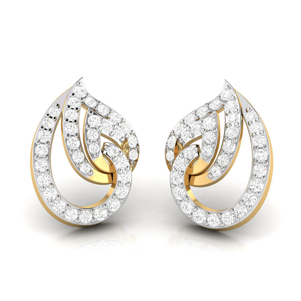 The Caterina Diamond Earrings by Niraa are teardrop-shaped, featuring an intricate overlapping design with two intertwined loops adorned with small diamonds. Their polished finish elegantly reflects light, making them perfect for any occasion.