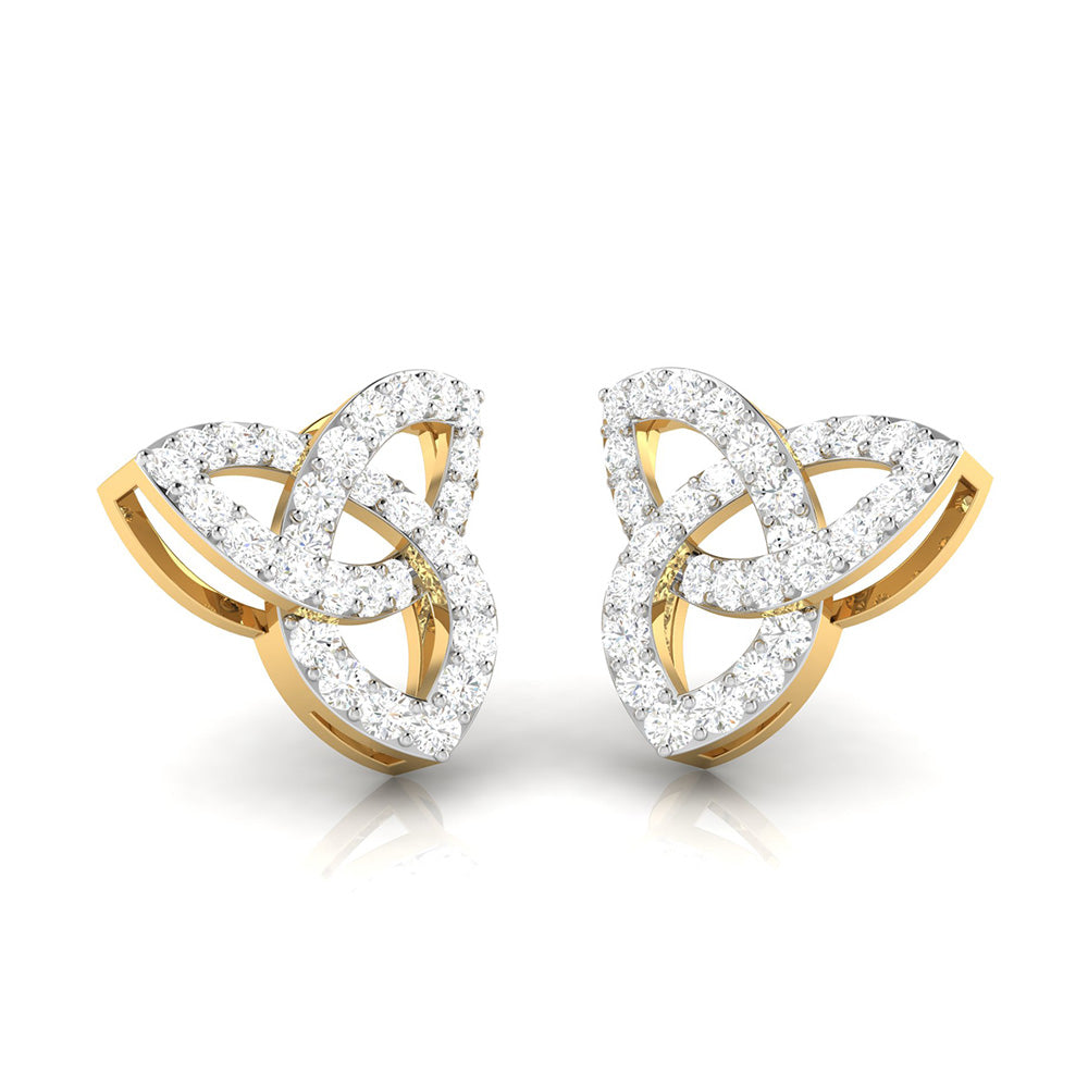 The Clementine Diamond Earrings by Niraa boast intricate trinity knots with polished gold and sparkling diamond accents, reflecting light beautifully. This symmetrical and elegant design is sure to captivate admirers.