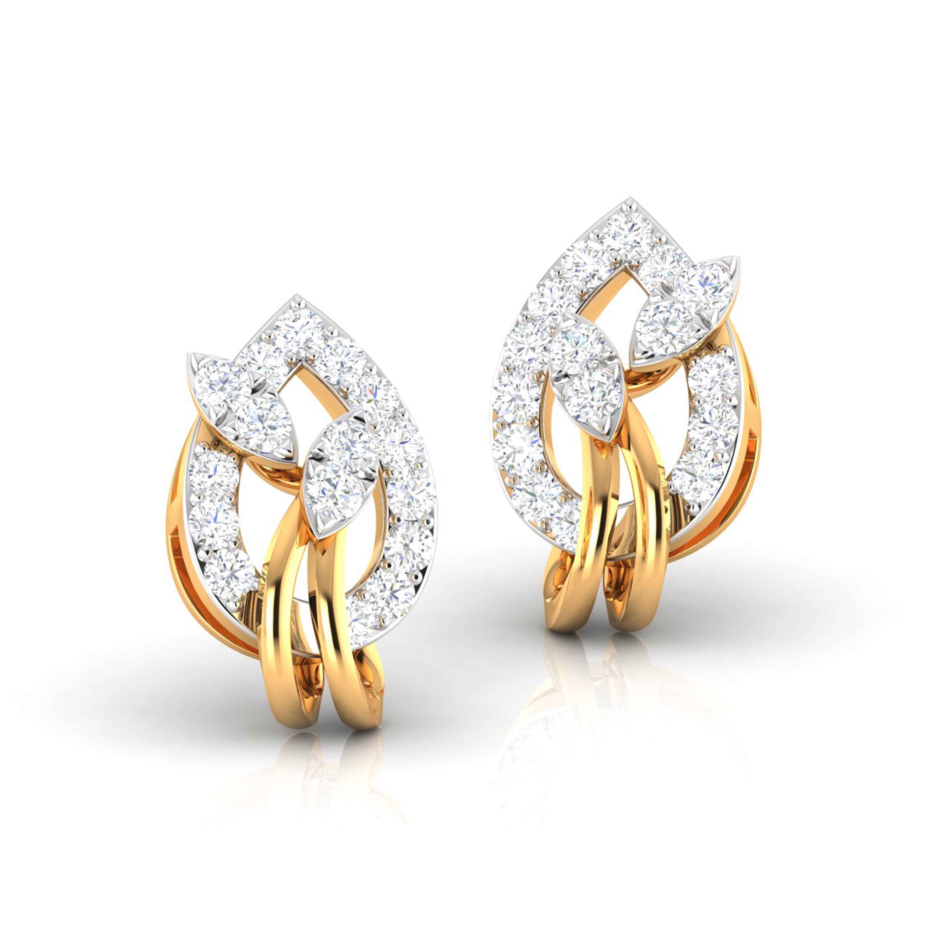 The Emilia Diamond Earrings by Niraa feature pear-shaped, intertwined loops of gold and diamond encrusted with sparkling diamonds. Elegantly crafted with smooth golden bands, they exude timeless charm.