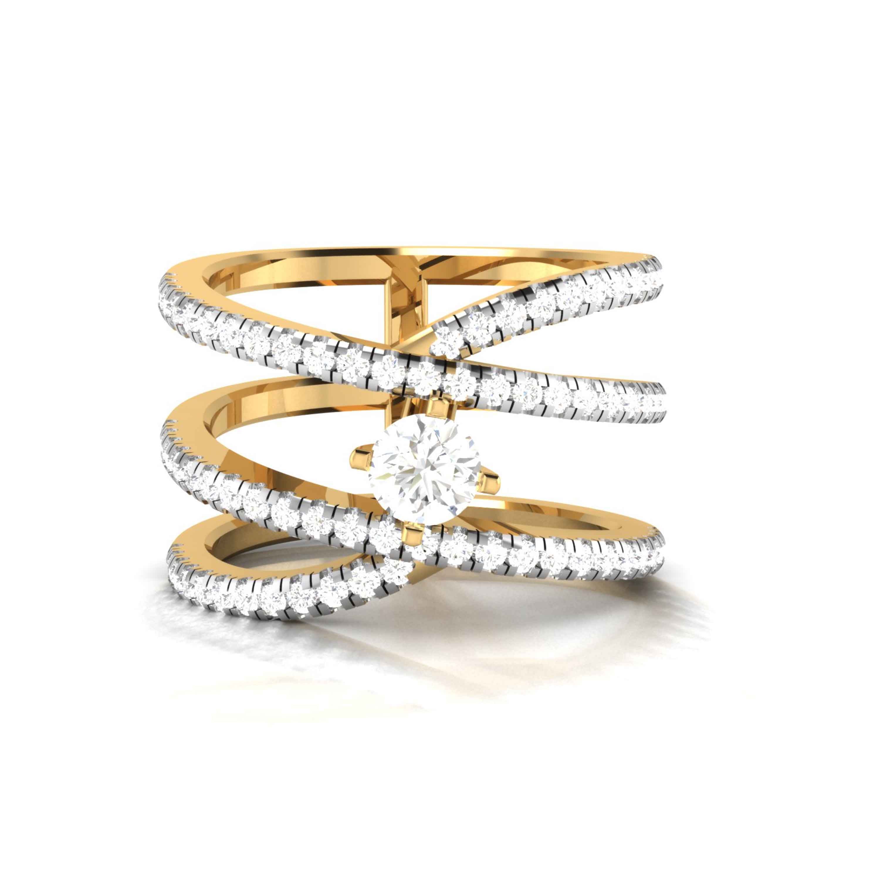 The Bianca Diamond Solitaire Ring by Niraa is a luxurious gold piece with three diamond-encrusted bands and a central round diamond. The design elegantly combines intricate luxury with a stylish, modern twist.
