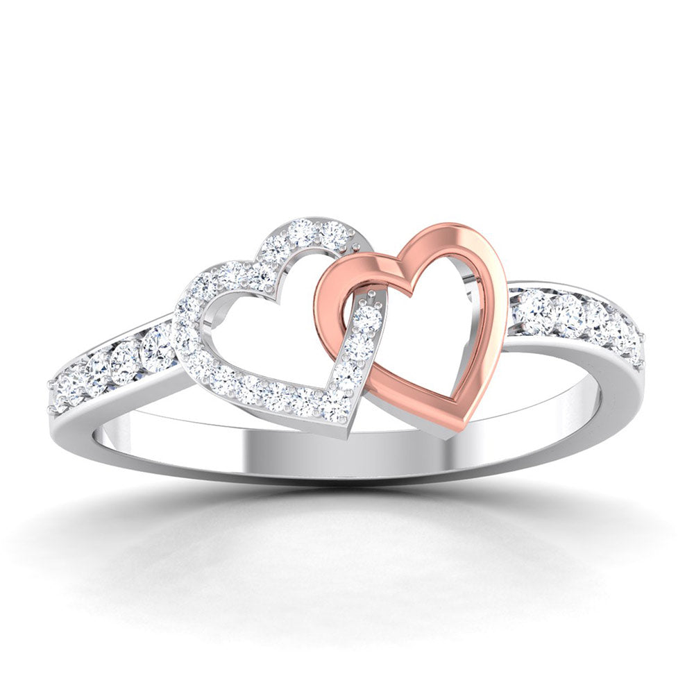 The Poppy Diamond Ladies Ring by Niraa showcases intertwined heart shapes, one in rose gold and the other diamond-encrusted. The silver band features additional diamond accents, highlighting stunning craftsmanship in gold and diamonds.