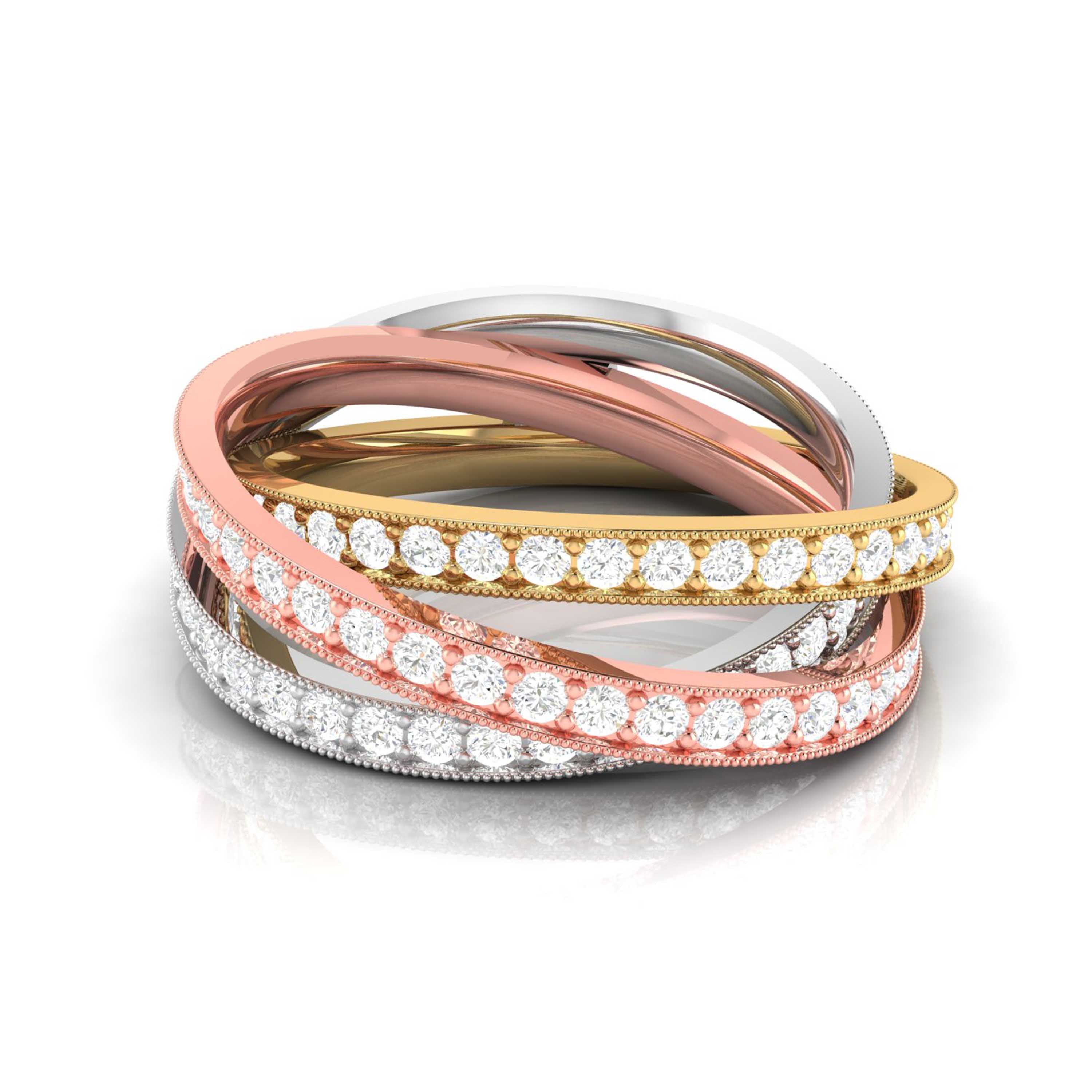 The Anastasia Diamond Ladies Ring from Niraa is a luxury trinity accessory featuring intertwined bands. Adorned with dazzling diamonds, the trio includes white gold, rose gold, and yellow gold bands, exuding elegance and sophistication.