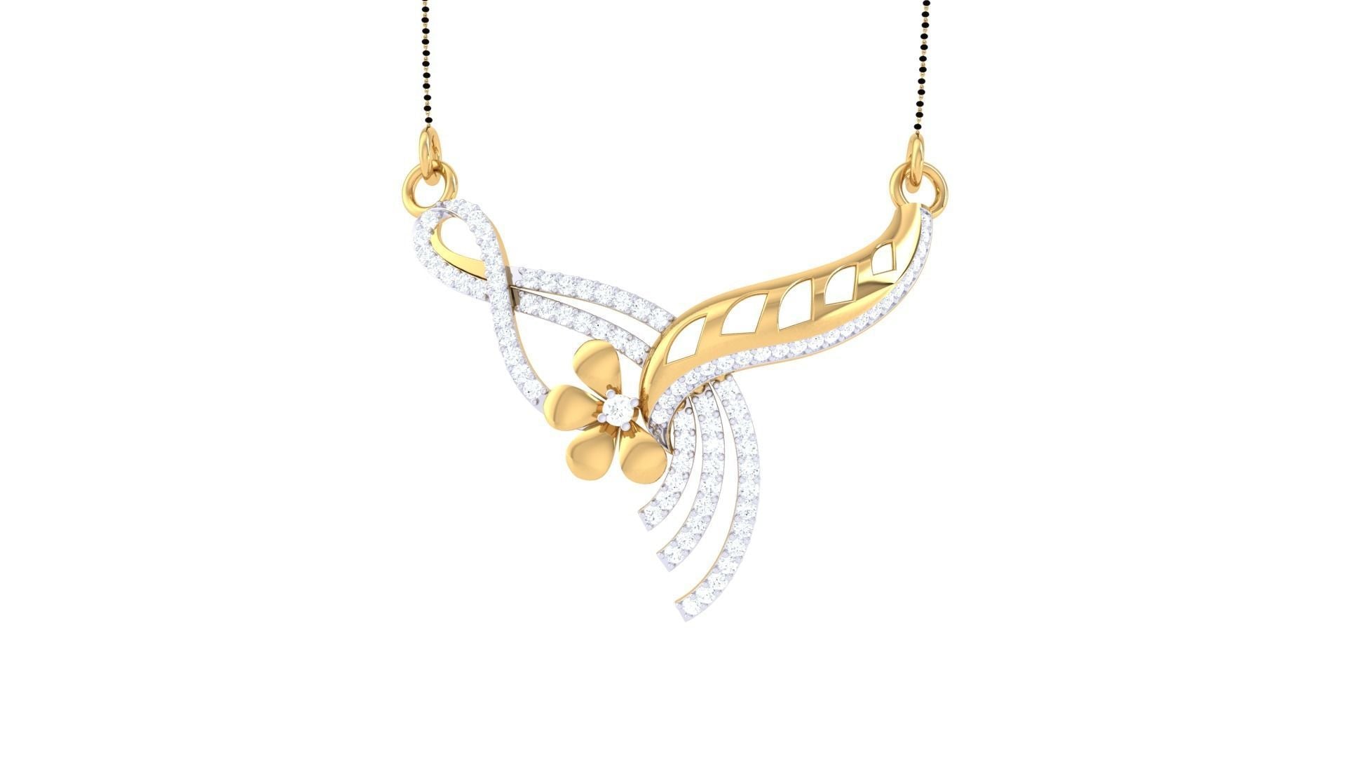 The Amelie Diamond Mangalsutra by Niraa is a gold pendant necklace featuring intricate floral designs with clear gemstones in swirls and leaf shapes, centered around a flower motif. A subtle, fine gold chain complements this elegant piece perfectly.