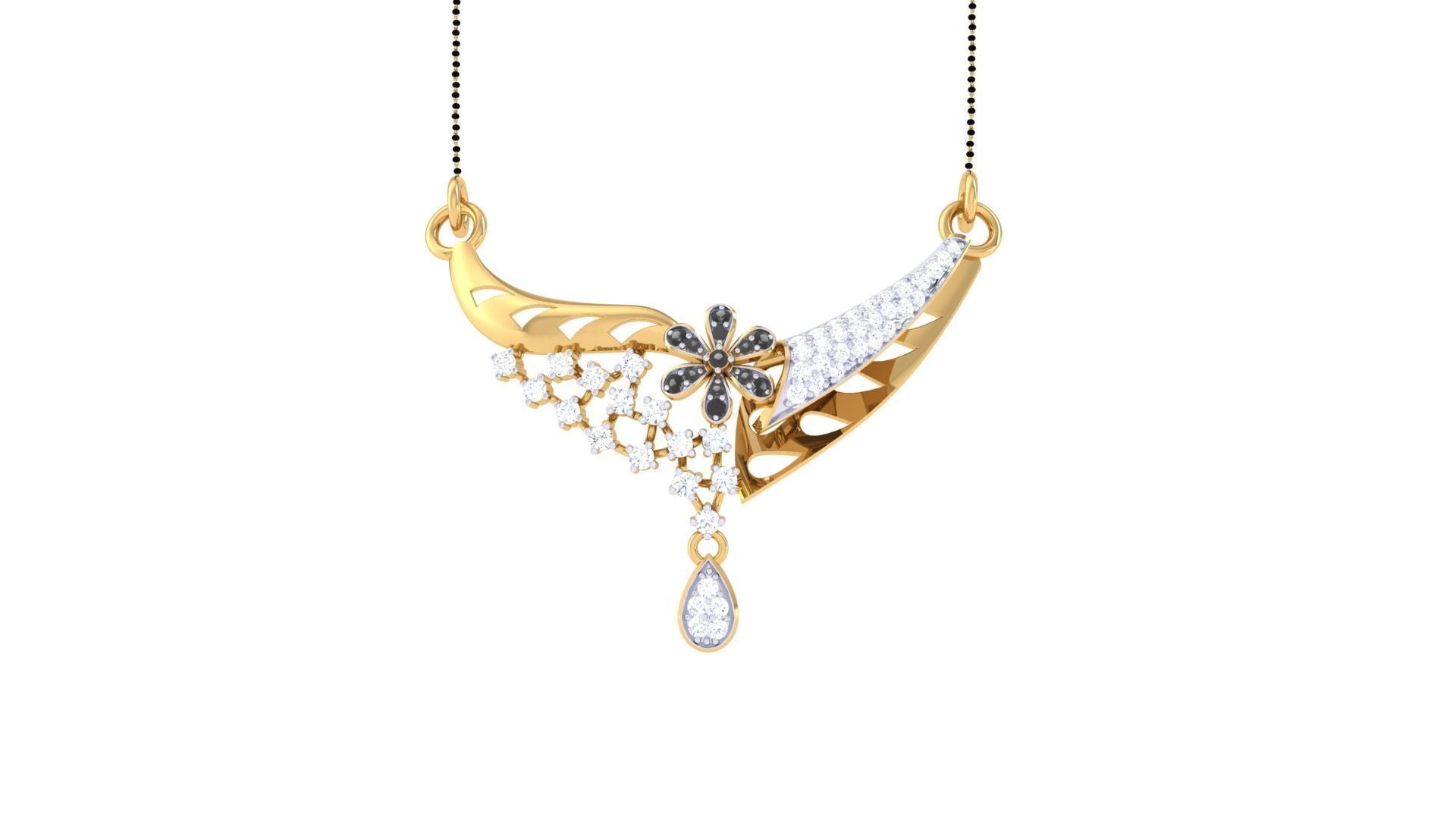 The Maliah Diamond Mangalsutra by Niraa features a symmetrical gold necklace with a central black flower motif adorned with diamonds, flowing lines, a teardrop-shaped diamond pendant, and intricate detailing elegantly suspended from a thin chain.