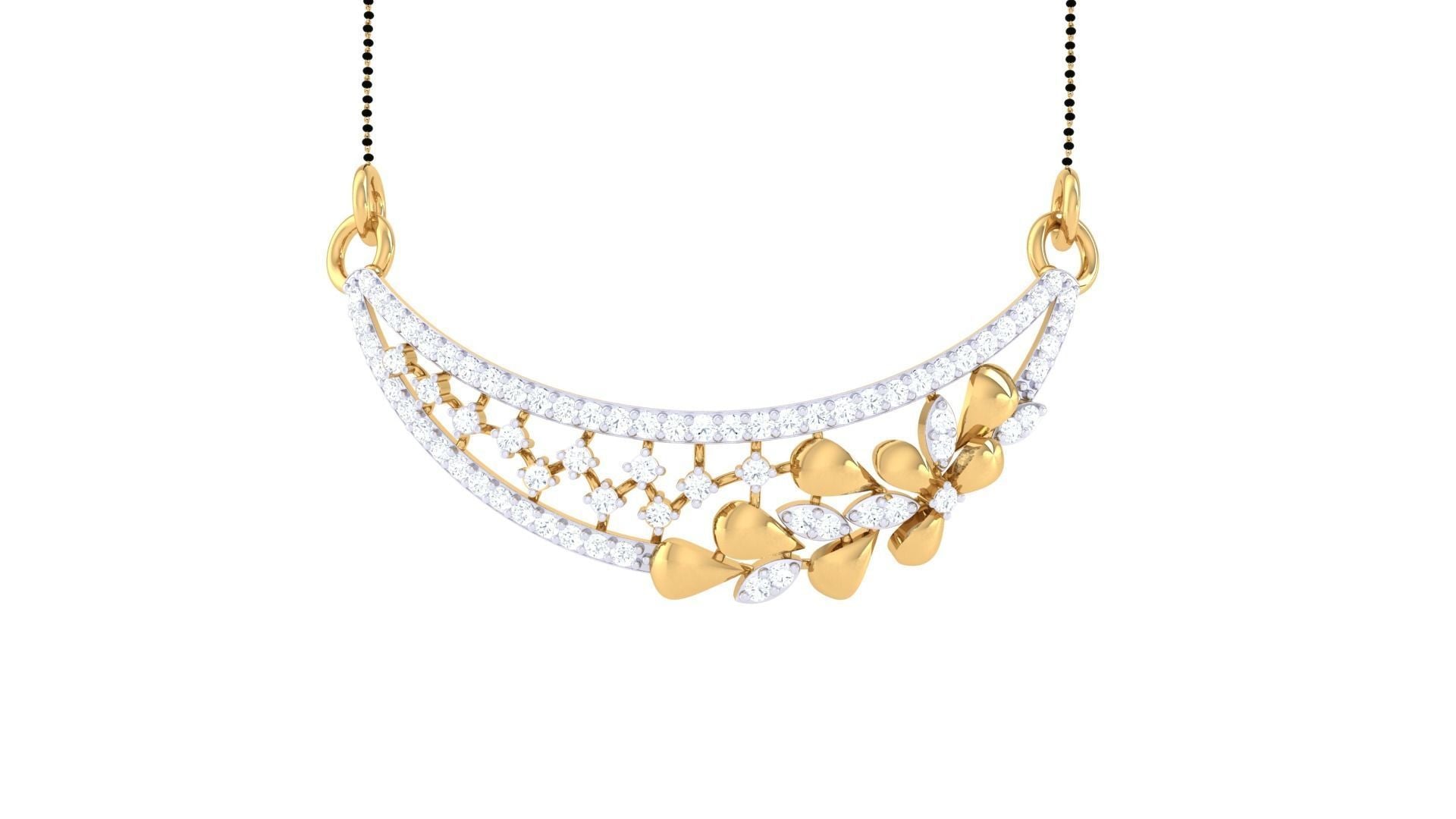 The Linda Diamond Mangalsutra by Niraa is a stunning gold and diamond necklace featuring an elegant floral motif. It boasts three graceful strands adorned with diamonds and golden flowers elegantly draped on a delicate black chain, perfect for adding sophistication to any ensemble.