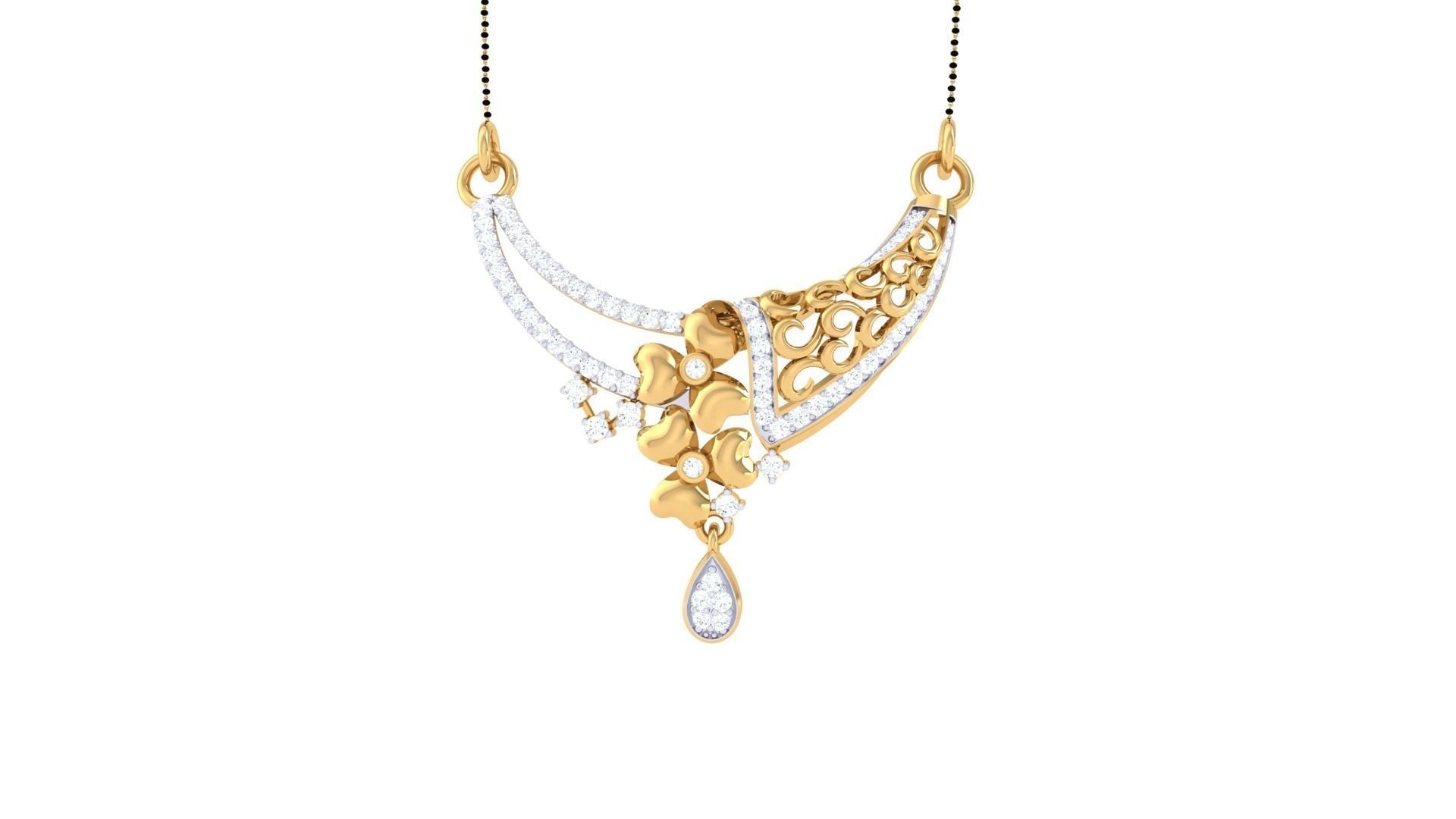 The Kimora Diamond Mangalsutra by Niraa features intricate floral detailing with diamond accents and a central teardrop-shaped pendant, offering a touch of elegance to any outfit.