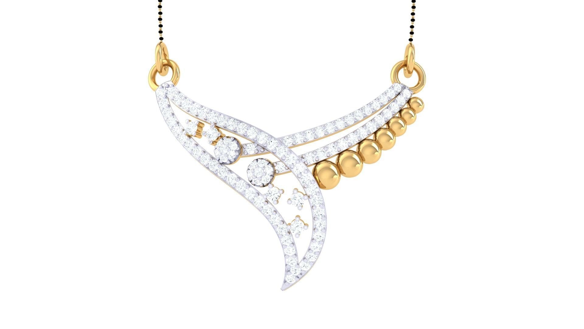 The Annika Diamond Mangalsutra by Niraa features a modern, abstract gold and diamond pendant with curved lines and intricate gold beads. Elegantly hanging from a delicate chain, it seamlessly combines contemporary style with timeless elegance.