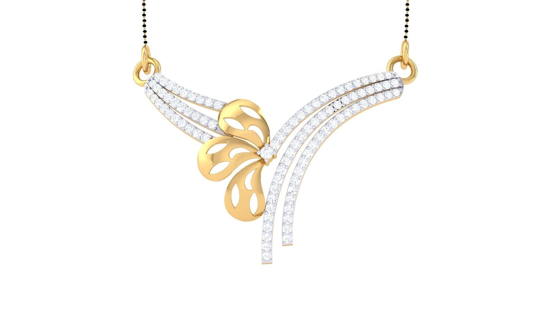 The Niraa Amirah Diamond Mangalsutra features an intricate design with a central floral motif, gold petals, and diamond arcs on a delicate chain, combining elegance and luxury.