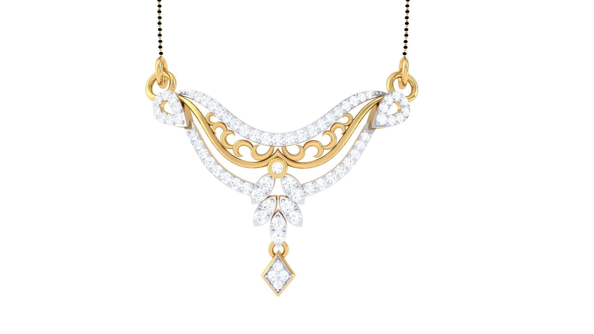 The Whitley Diamond Mangalsutra by Niraa is a stunning gold necklace featuring intricate designs and embellishments with sparkling clear stones. Its flowing patterns lead to a symmetrical central pendant, beautifully contrasted against a plain white background.