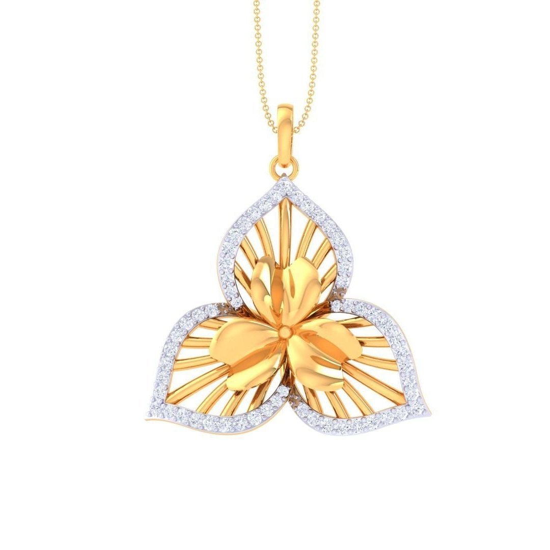 The Madisyn Diamond Pendant by Niraa, shaped like a three-petal orchid, features a gold design bordered with diamonds and hangs from a delicate golden chain, epitomizing elegance and luxury.