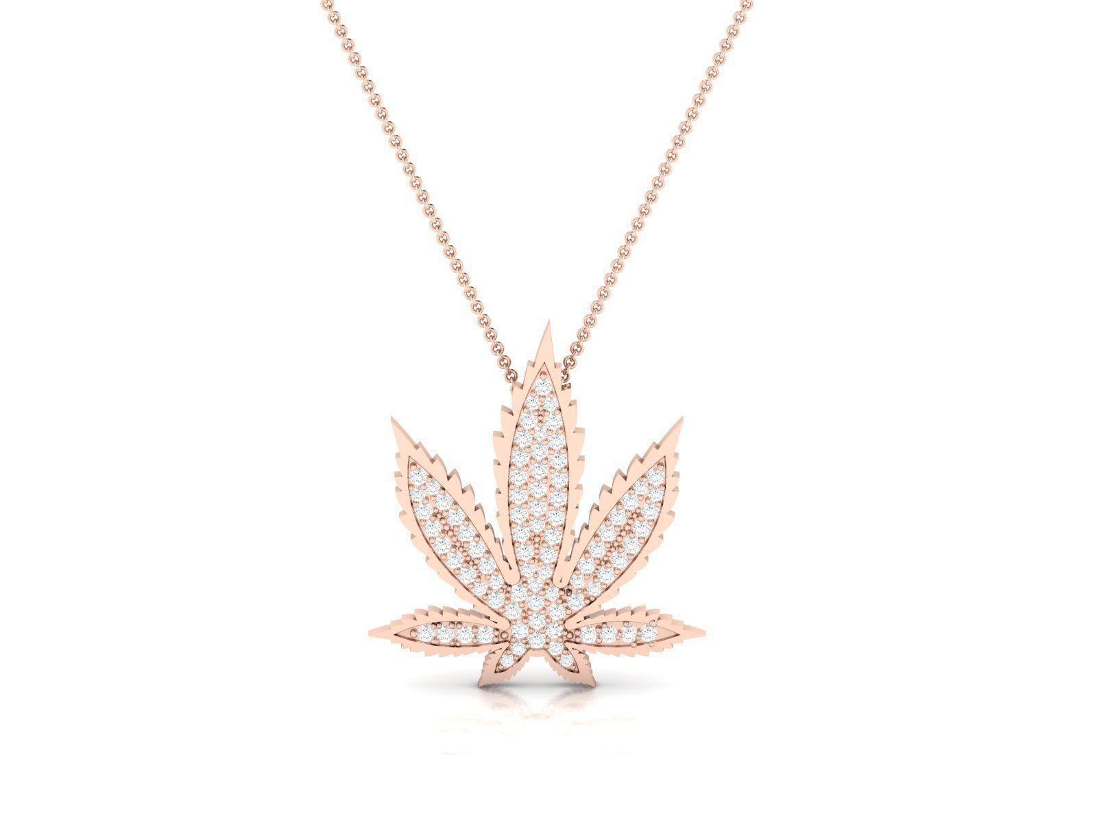The Lennox Diamond Pendant by Niraa, featuring a rose-gold necklace with a cannabis leaf design encrusted in diamonds, stands elegantly against a pristine white backdrop.